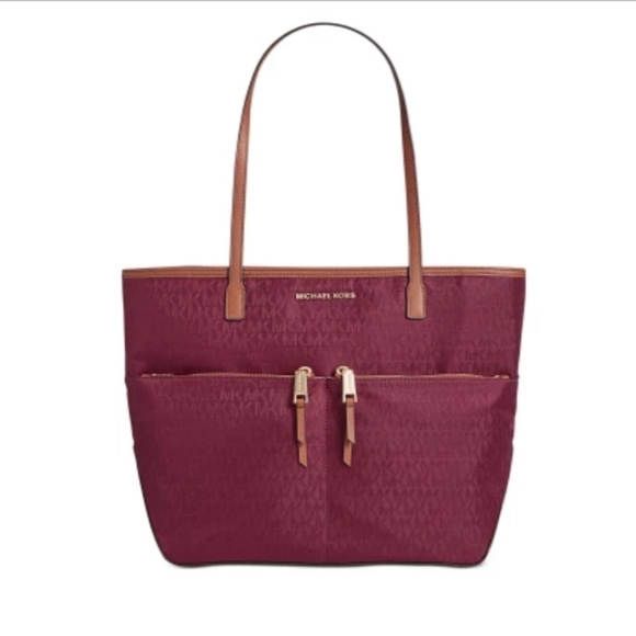 Final Price Michael Kors Pocket Nilon Tote Merlot/Gold Style - Picture 6 of 7